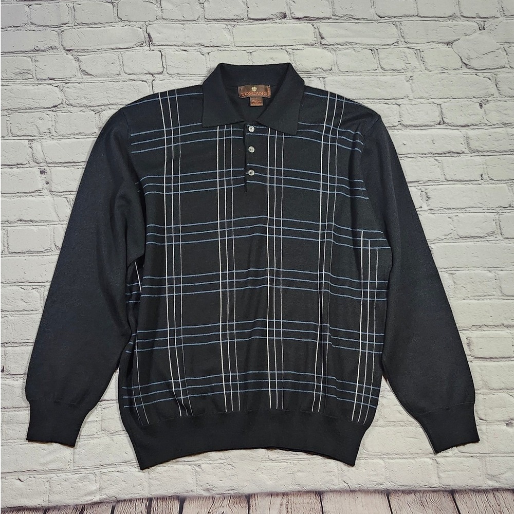 Toscano Vintage Made in Italy Wool Black Grid Long Sleeve Polo Sweater Mens XL